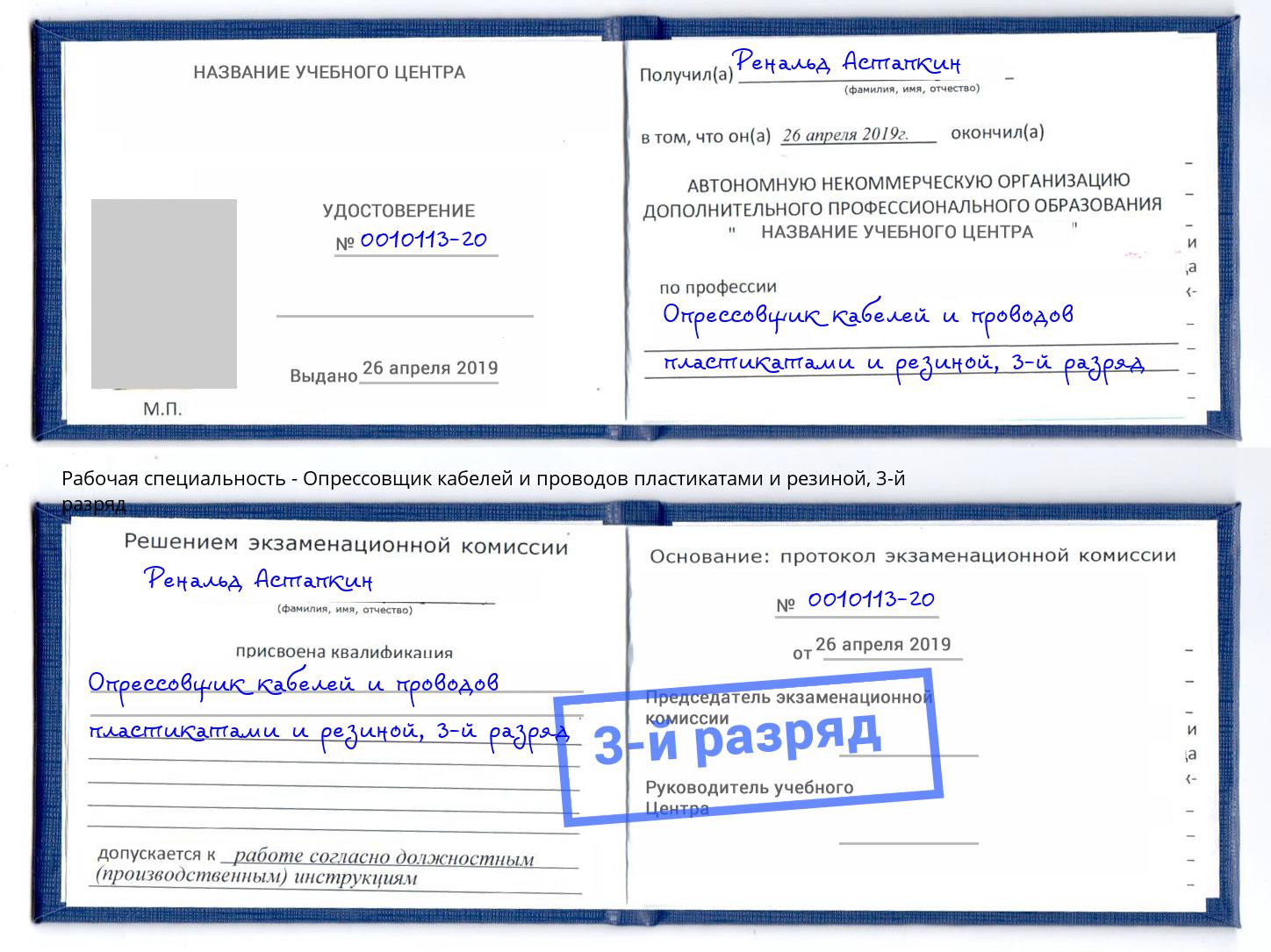 корочка 3-й разряд Опрессовщик кабелей и проводов пластикатами и резиной Кандалакша