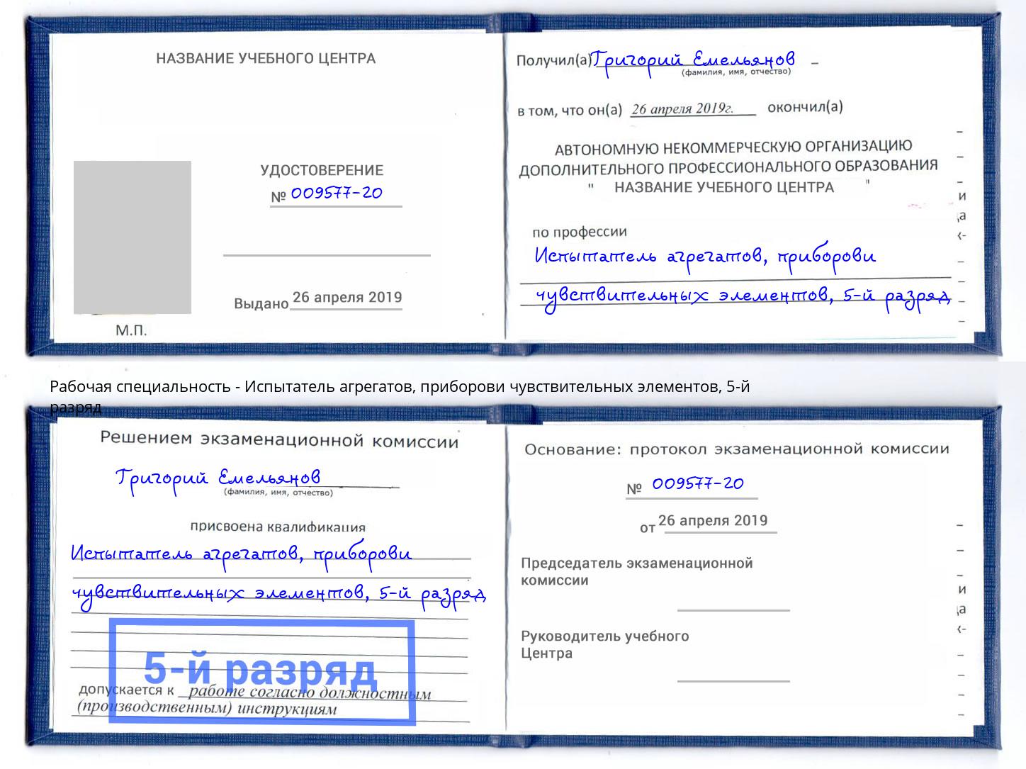 корочка 5-й разряд Испытатель агрегатов, приборови чувствительных элементов Кандалакша