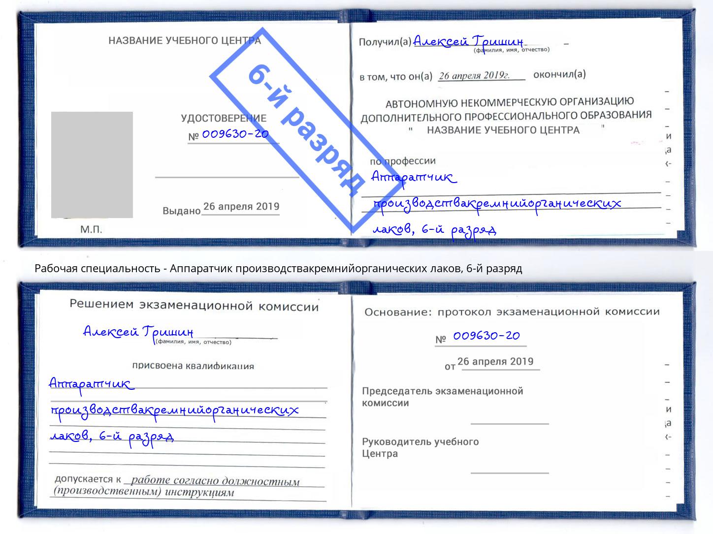 корочка 6-й разряд Аппаратчик производствакремнийорганических лаков Кандалакша