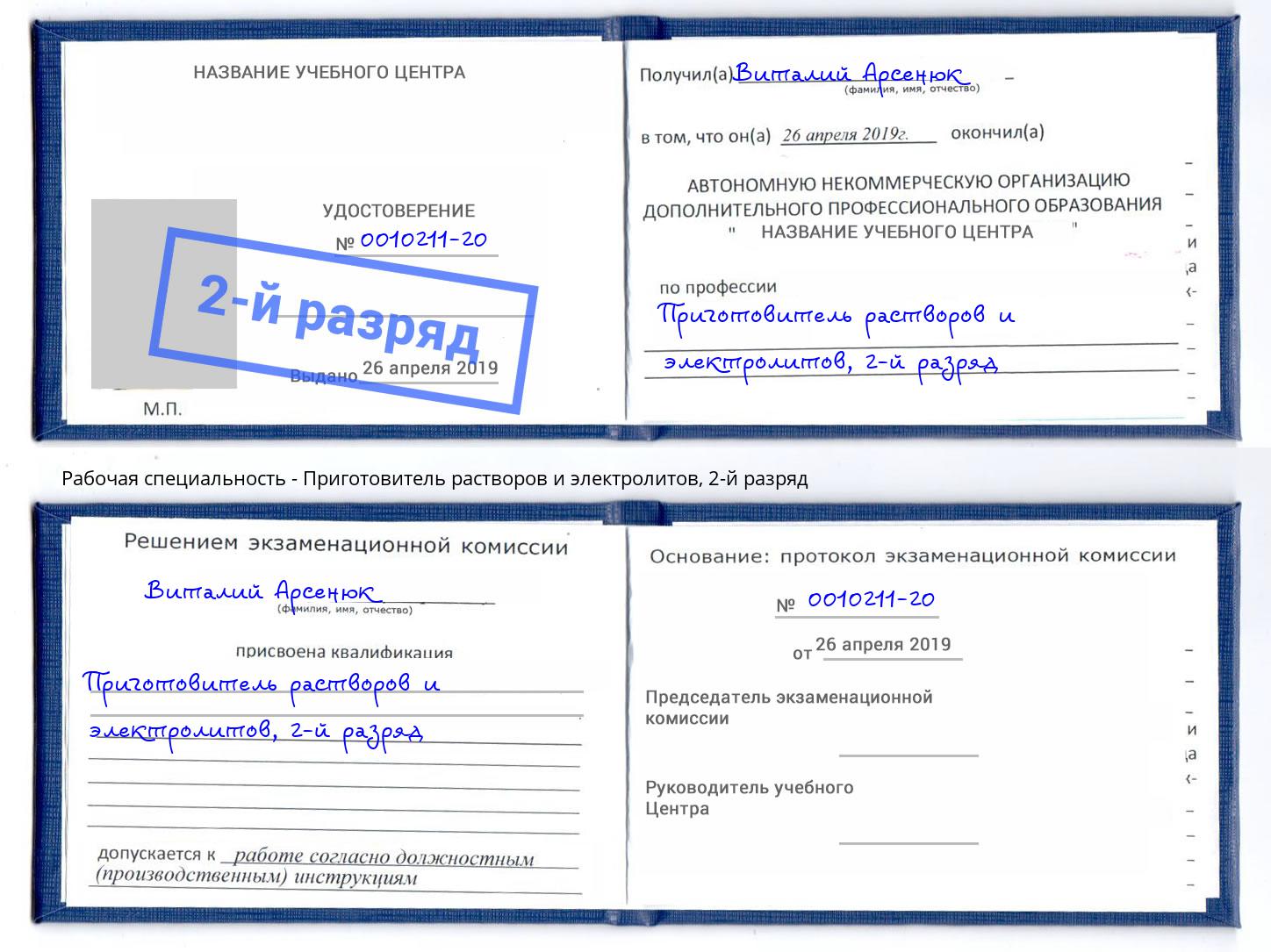 корочка 2-й разряд Приготовитель растворов и электролитов Кандалакша