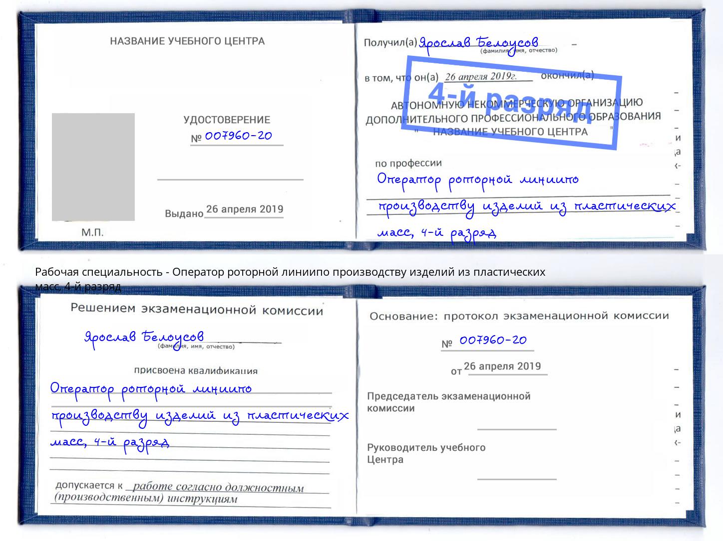 корочка 4-й разряд Оператор роторной линиипо производству изделий из пластических масс Кандалакша