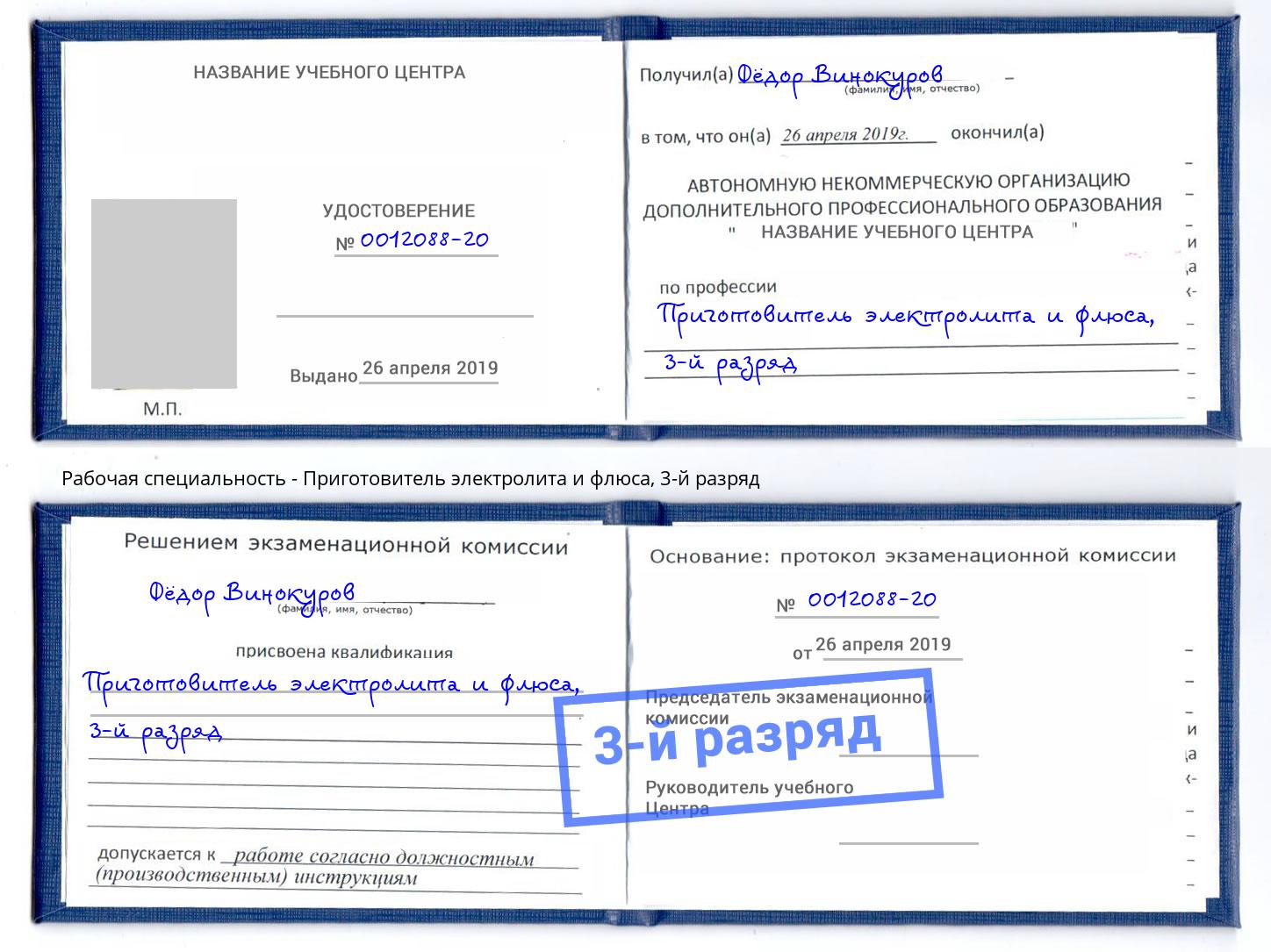 корочка 3-й разряд Приготовитель электролита и флюса Кандалакша