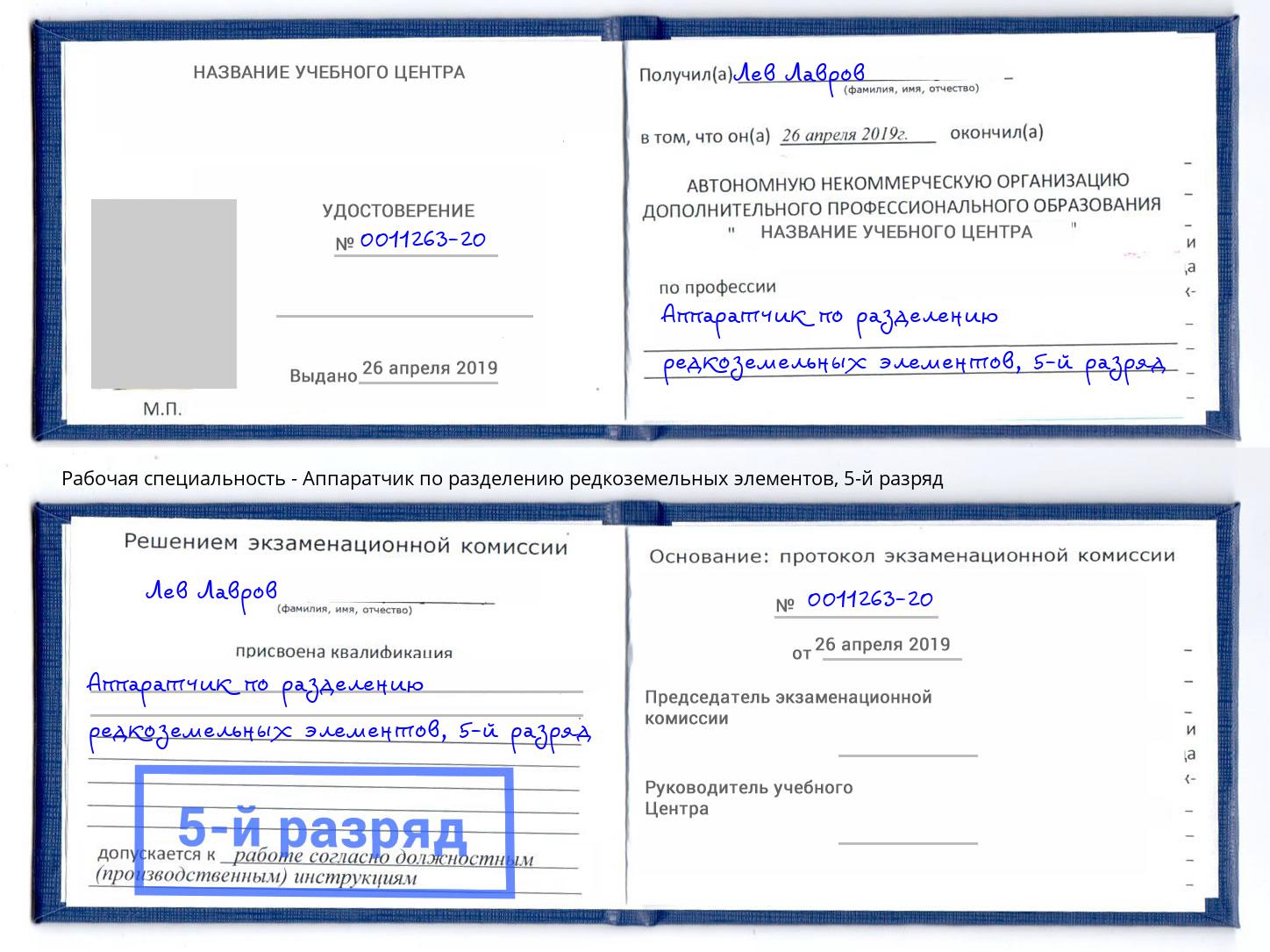 корочка 5-й разряд Аппаратчик по разделению редкоземельных элементов Кандалакша